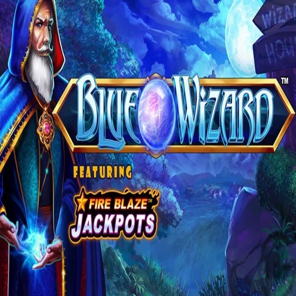 Blue Wizard Fire Blaze Jackpots online game logo by Rarestone Gaming on crowsngold.com
